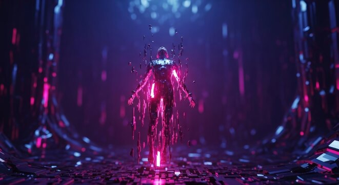 Humanoid figure disintegrating with glowing pink and blue cybernetic particles. Futuristic technology and digital data concept.