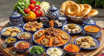 A lavish Central Asian feast featuring plov, bread, and various side dishes, served on ornate tableware.