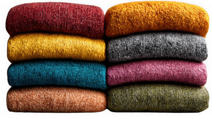 A stack of colorful, textured wool yarn skeins in various vibrant colors, perfect for knitting, crochet, and crafting projects, isolated on a transparent background