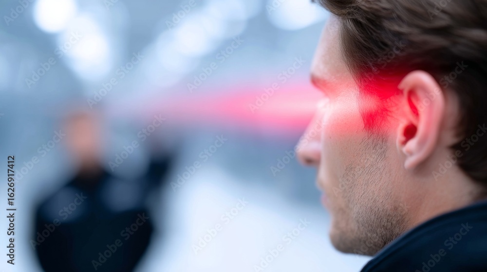 Poster a futuristic scene featuring a man with glowing red eyes. the atmosphere is tense and action-packed.