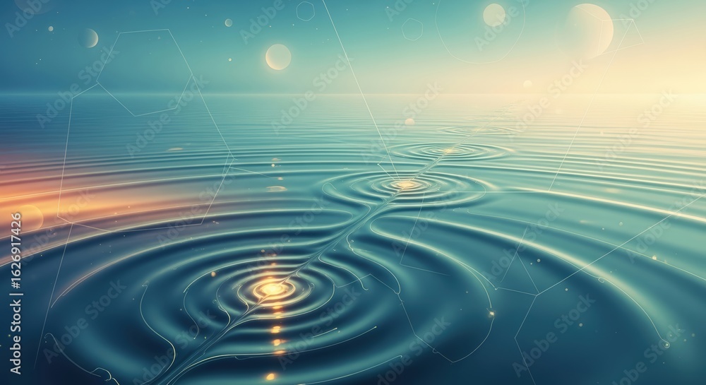Poster abstract render of a calm surface with ripples extending from a glowing point. futuristic digital co