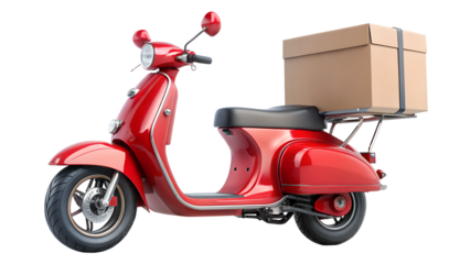 Red vintage scooter with a delivery box on the back, isolated on transparent background