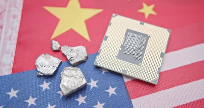 Semiconductor sanctions, critical mineral embargo : The Chinese and American flags with a CPU chip and metallic ores, the essence of a 21st-century power struggle: minerals, rare earth vs. microchips.