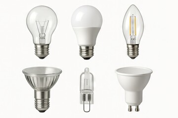 Set of six diverse light bulbs showcasing various designs and technologies isolated on white background. concept of lighting innovations, energy efficiency, home illumination