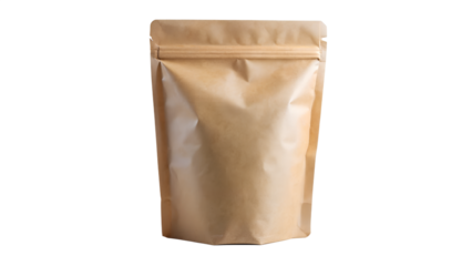 Empty brown kraft paper stand up pouch with zip lock for food packaging, isolated on transparent background