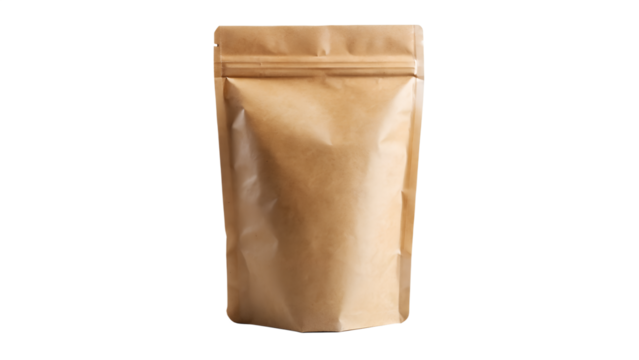 Brown kraft paper pouch with zipper closure isolated on transparent background