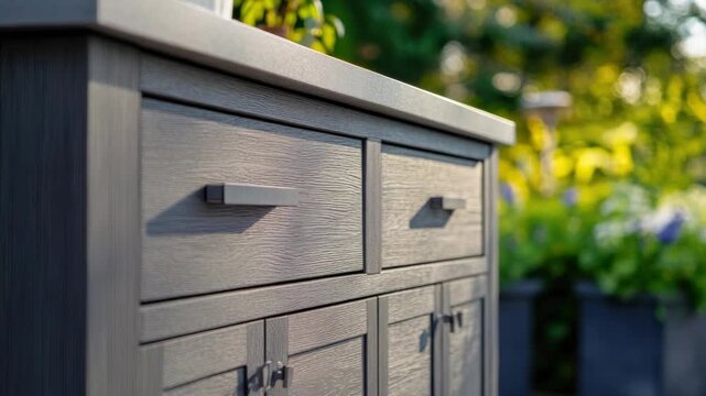 A detailed view of wooden cabinet drawers with intricately carved handles and knobs