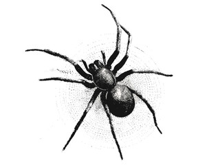 Creepy spider collage element with vintage stippling and photocopy effect for Halloween. Retro surreal vector poster featuring experimental grunge dots and psychedelic horror texture, spooky, eerie