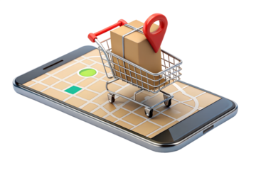 Online shopping cart with package and location pin on a smartphone, isolated on transparent background