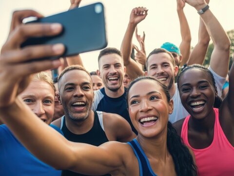 Diverse group of friends taking a happy selfie after a race