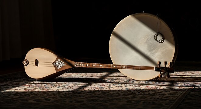 An ornate wooden stringed instrument with a drum resonator lies on a sunlit patterned rug.