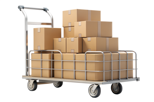 Hand trolley loaded with cardboard boxes, isolated on transparent background