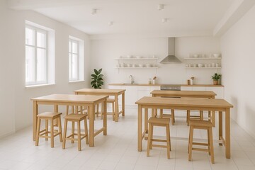 Bright culinary studio with minimalist wooden furniture and modern decor enhancing kitchen space efficiency and aesthetics