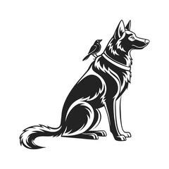 German Shepherd Dog Silhouette with Bird Minimal Flat Vector Illustration