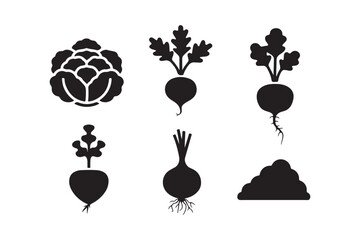 Collection of six black vegetable silhouettes on white background