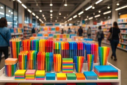 Vibrant assortment of colorful stationery supplies in a modern store setting. concept of office supplies, school materials, creative organization