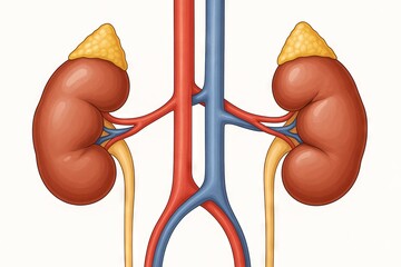 Fototapeta na wymiar Detailed illustration of human kidneys with adrenal glands and blood vessels on white background. concept of human anatomy, medical study, biological education