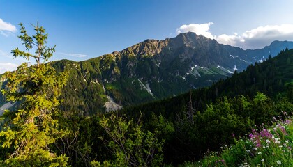 Mountain vista with lush green forests and wildflowers
