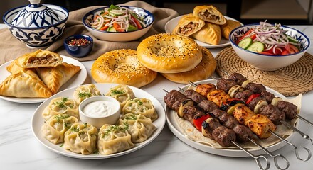 A lavish spread of traditional Central Asian cuisine featuring grilled kebabs, steamed dumplings, savory pastries, fresh salads, and round flatbreads.
