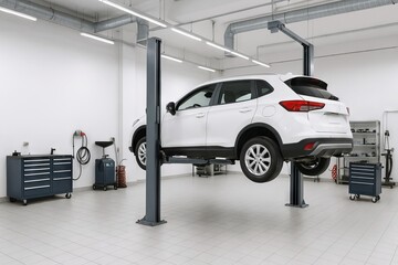 White suv on hydraulic lift in modern auto repair shop with tools and equipment. concept of vehicle maintenance, car repair, automotive service