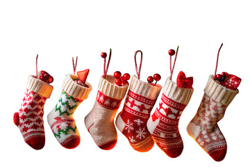 Festive christmas stockings hanging, isolated on transparent background, perfect for holiday decorations and giftgiving, adding a touch of cozy warmth to the winter season
