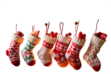 Festive christmas stockings hanging, isolated on transparent background, perfect for holiday decorations and giftgiving, adding a touch of cozy warmth to the winter season