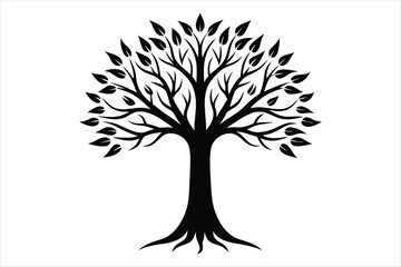 A detailed black silhouette of a tree with many leaves isolated on white background silhouette