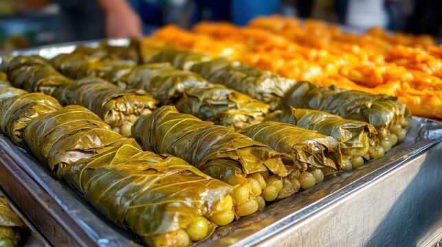 Traditional Dish of Stuffed Grape Leaves with Sweet Pastries Display