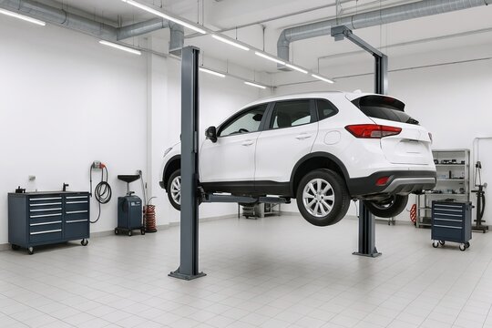 Fototapeta White suv on hydraulic lift in modern auto repair shop with tools and equipment. concept of vehicle maintenance, car repair, automotive service