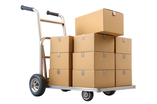 Cardboard boxes stacked on a hand truck, isolated on transparent background