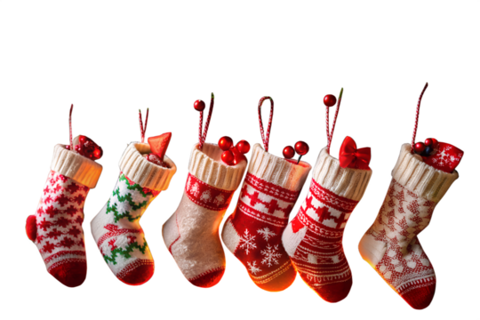 Festive christmas stockings hanging, isolated on transparent background, perfect for holiday decorations and giftgiving, adding a touch of cozy warmth to the winter season