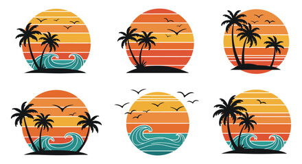 Tropical Beach Sunset Vector Illustration Set with Palm Trees and Waves