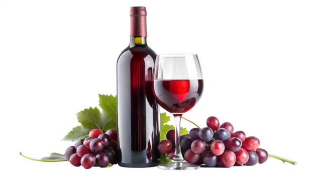 Red wine bottle and glass with grapes and leaves, isolated on transparent background