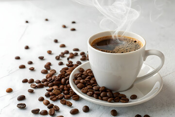 Steaming cup of coffee with roasted beans