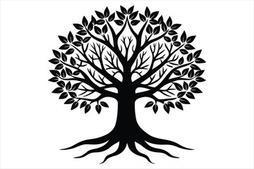 Intricate black silhouette of a majestic tree with detailed branches and roots isolated on white background