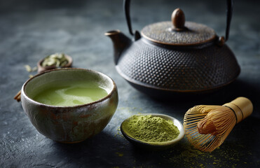 Traditionelle Matcha-Zubereitung mit Teeschale, Bambusbesen und Eisenkanne