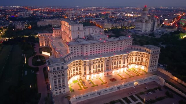 Stunning and breathtaking Aerial View of Bucharests Iconic Palace Parliament beautifully at Dusk. Romania