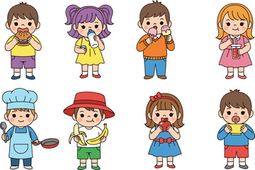 Cute cartoon children eating food and drinking milk, juice, and snacks, fun kids characters enjoying healthy and tasty meals