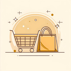 Online shopping cart and bag, e-commerce, beige background, purchase, retail