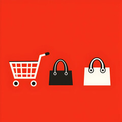 Shopping cart, handbag, tote bag, red background, online shopping concept