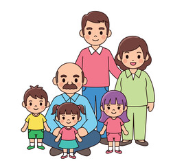 Happy cartoon family with children, parents, and grandparents, cute illustration, flat style, multigenerational portrait, vector, colorful character design