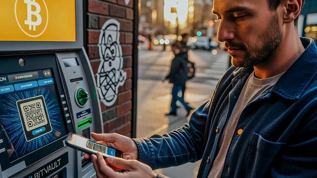 Man processing cryptocurrency transaction at bitcoin cash machine with smartphone, urban financial technology footage. - Powered by Adobe