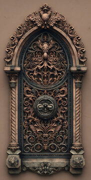 Forged fence. Gothic door, vector design. Decorative garden gate. Metal pattern or iron wicket for garden, castel. Rich ornament. Scroll-work
