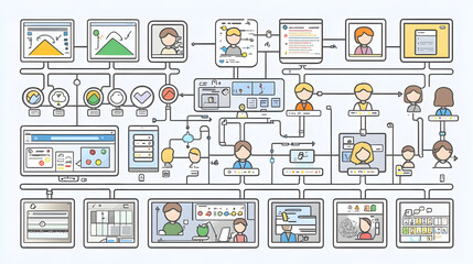 Global team collaboration, online project management, data analysis, workflow visualization, business process illustration
