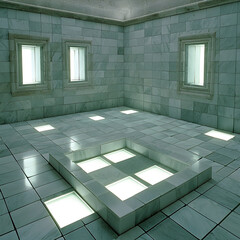 Tranquil marble room with light-up floor and windows, ideal for relaxation or spa concept