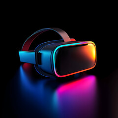 VR headset glowing on dark surface; futuristic technology, gaming concept