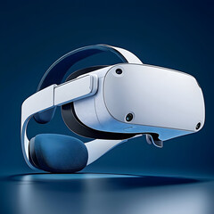 White VR headset, futuristic design, dark blue background, virtual reality technology concept