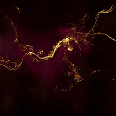 Abstract gold liquid swirls on dark purple background, design element for luxury branding