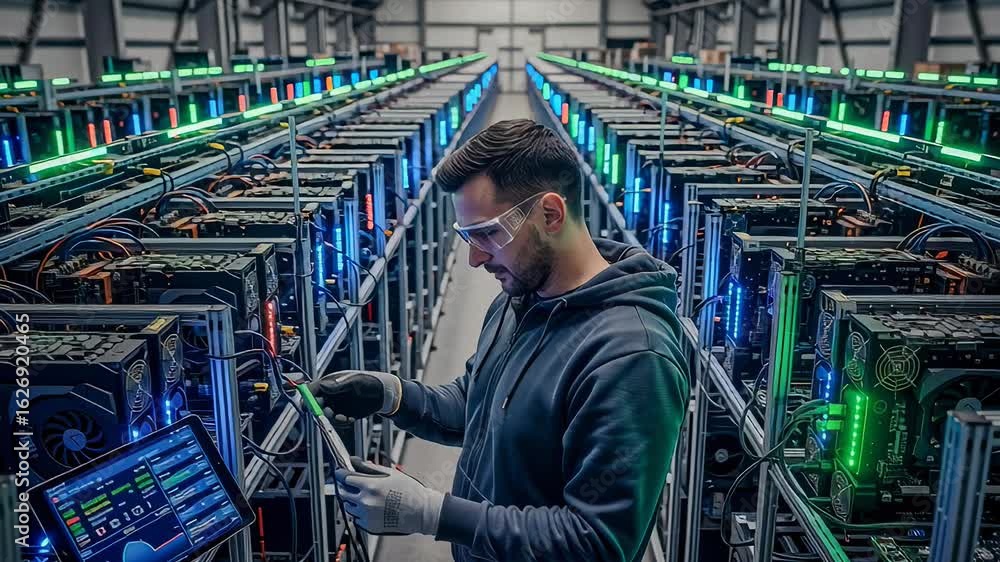 Poster man inspecting data server racks with tablet in a cryptocurrency mining farm, technology footage.