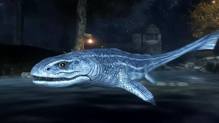Pale blue prehistoric shark creature display